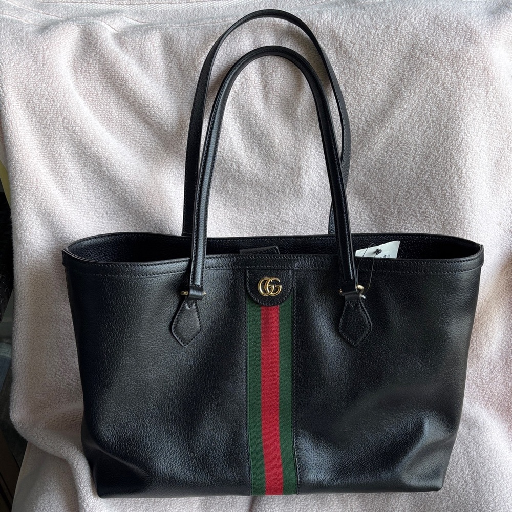 Gucci Black Leather Tote with Green and Red Web Stripe